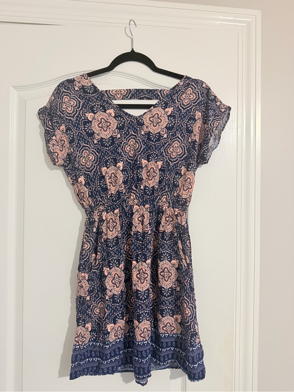 Pink Rose Navy and Blush Paisley Print Dress